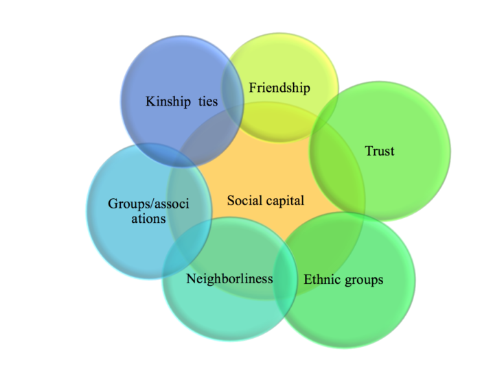 This figure shows the different attributes of social capital - social capital being represented in a circle in a middle with the following attributes surrounding it: Kinship ties, Friendship, Trust, Ethnic groups, Neighborliness, Groups/associations.