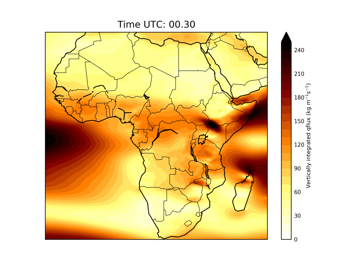 Map of the pulsing of water vapour transport over Africa through the day and night. It shows how water vapour moves mainly at night and sneaks inland from the Indian Ocean to the Congo Basin along major routes which correspond to river valleys.